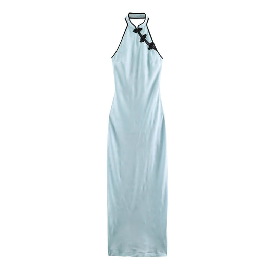 Women Clothing Cold Feeling Dark Pattern Jacquard Halter Improved Cheongsam Long Slimming Dress