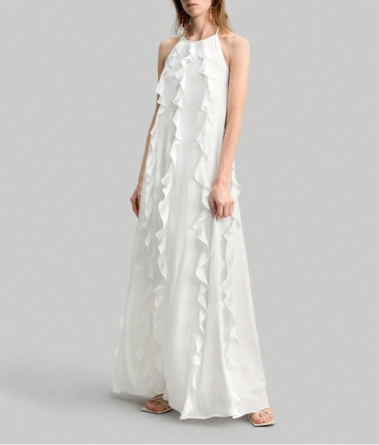 Women Clothing Summer Strap Backless Ruffled Chiffon Sexy Dress Sweet Bandage Dress Maxi Dress