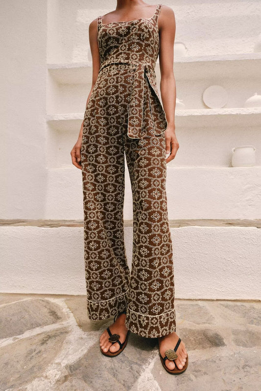 Combinaison Femme Été Broderie Évidée Découpée avec Ceinture