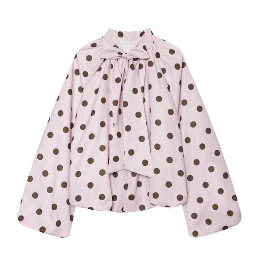 Women Clothing French Polka Dot Sleeve Top Back Bow Design Blouses