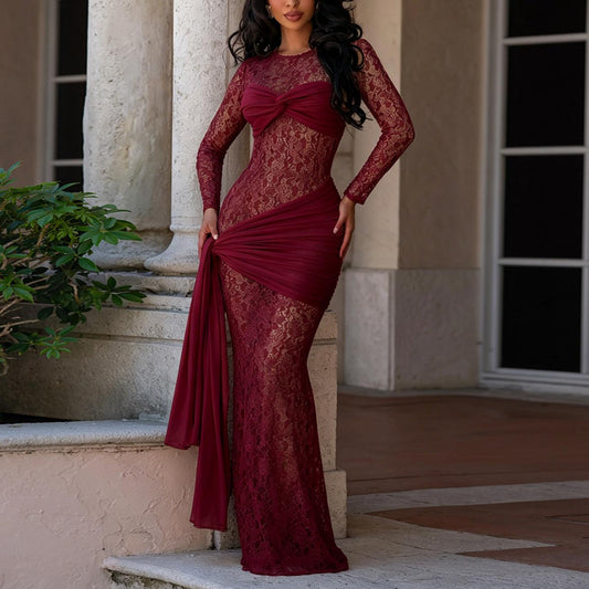 Women Wear Sexy round Neck Lace Slim Fit Long Sleeved Dress