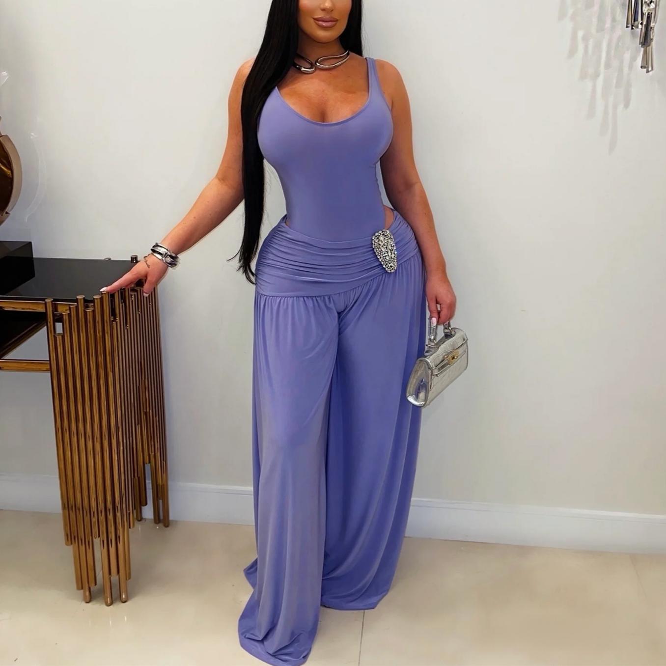 Women Clothing Solid Color U Collar High Waist Slim Fit Wide Legged Pants Sexy Casual Jumpsuit