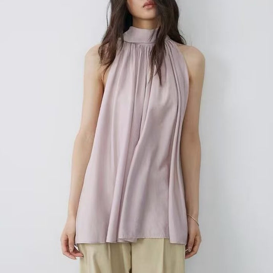 Satin Halter Sleeveless Top Pleated Relaxed Sense A line Shirt