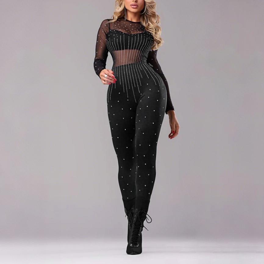 Women Clothing Round Neck Polyester Mesh Stitching Milk Silk Long Sleeve Jumpsuit Slim Sexy