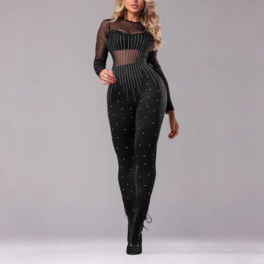 Combinaison Femme Col Rond Maille Polyester Couture Soie de Lait Manches Longues Slim Sexy
