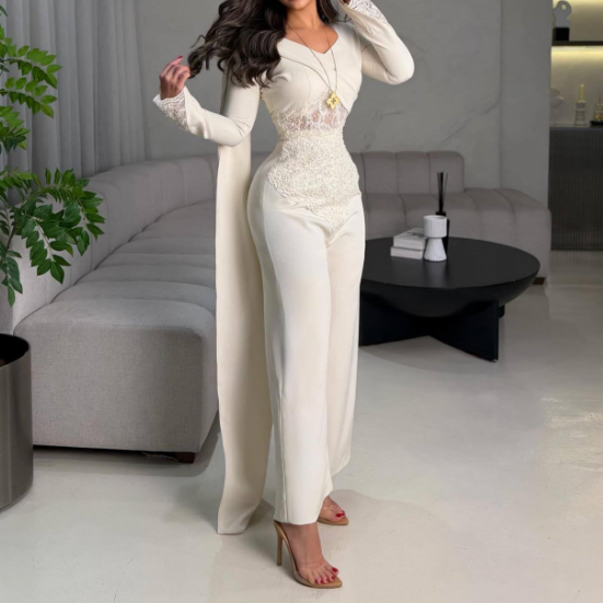 Spring Summer French Sexy Sequin Lace V neck Long Sleeve Jumpsuit