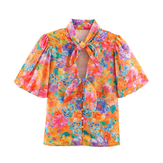 Women Clothing Autumn Orange Watercolor Floral Print Bow Short Sleeve Shirt for Women