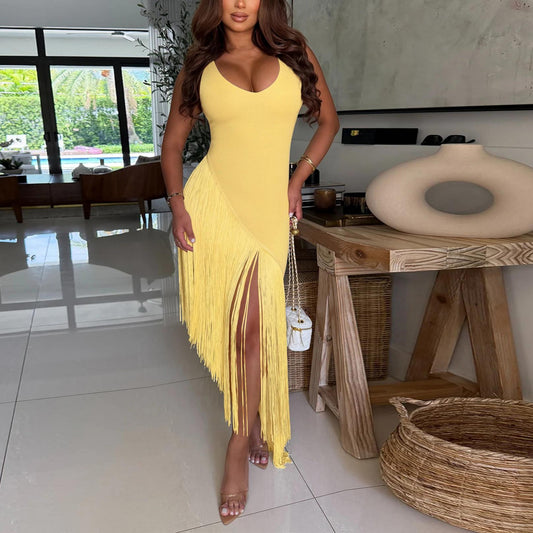 Women Sexy Strap Backless Tassel Stitching U Neck Dress