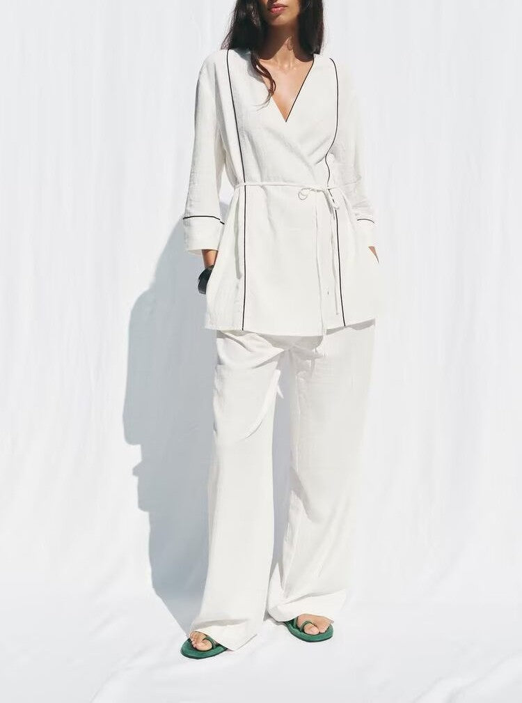 Women Clothing Lazy Vacation Rolled Double Breasted Coat High Waist Wide Leg Pants Two Piece Sets