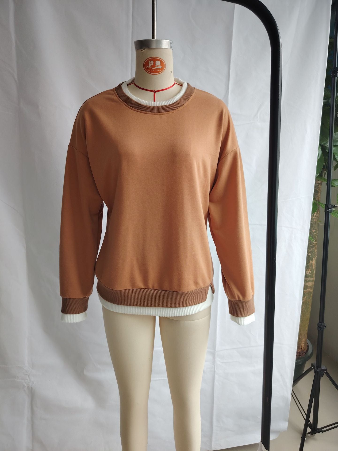 Faux Two Piece Thread Split round-Neck Long Sleeve Casual Pullover Sweaters Women Clothing Western Slimming