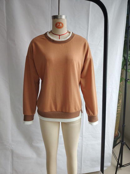 Faux deux pièces, fil fendu, col rond, manches longues, pull décontracté, vêtements pour femmes, amincissant, style occidental