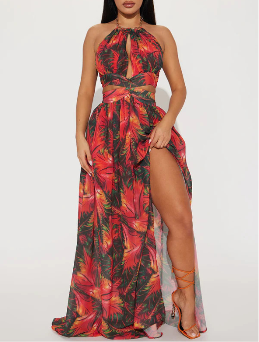 Summer Halterneck Printed Waist Tight Cropped Outfit Sleeveless Backless Long Split Sexy Vacation Dress