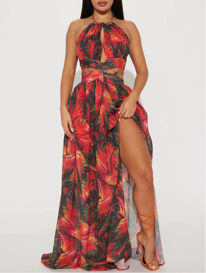 Robe longue sexy d'été à imprimé dos nu, col licou, taille ajustée, fendue, tenue de vacances