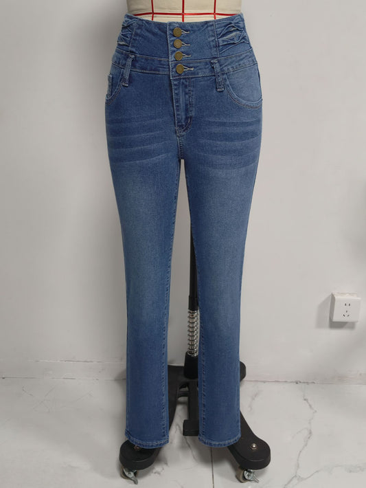 High Waist Breasted Slim Fit Skinny Jeans Women Washed Stretch Pencil Pants Ladies Slimming Denim Trousers