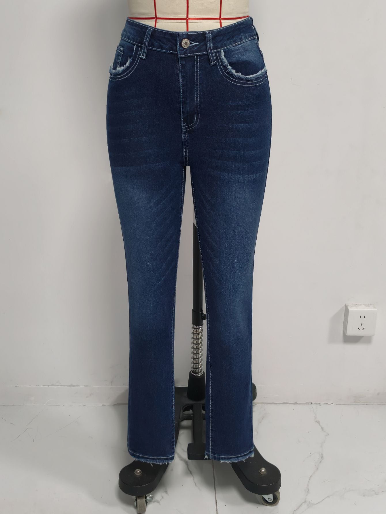 High Waist Wash Stretch Slim Fit Pants Wool Tassel Pocket Slimming Flared Frayed Hem Denim Trousers for Women