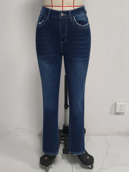 Pantalones de mezclilla ajustados de tiro alto con lavado elástico, borla de lana, bolsillos, corte entallado, dobladillo acampanado y deshilachado para mujer