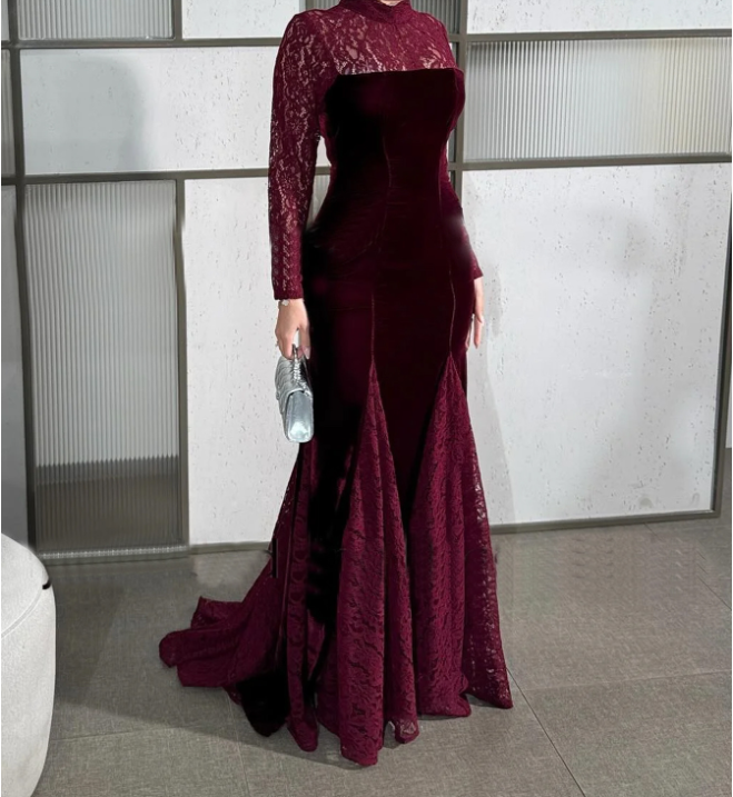 Wine Red Lace Long Sleeve Fishtail Evening Dress Autumn Winter Toast Dress Engagement Dress