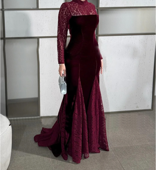 Wine Red Lace Long Sleeve Fishtail Evening Dress Autumn Winter Toast Dress Engagement Dress