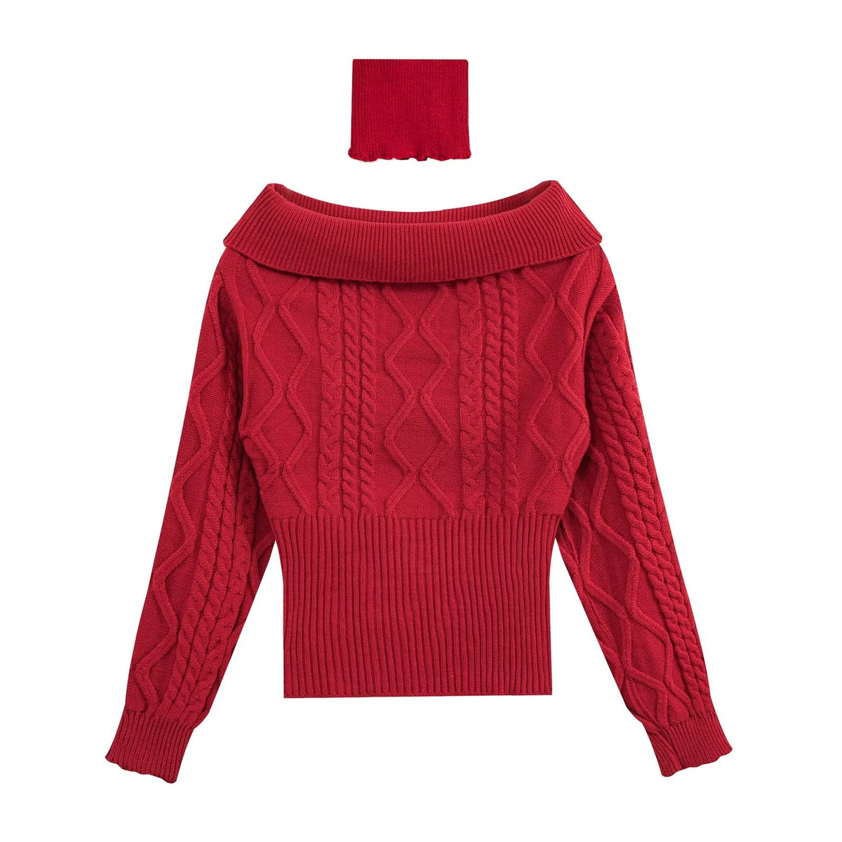 Off Shoulder Beige Long Sleeve Pullover Women Autumn Loose Cable Knit Sweater Gentle Korean All Matching Top