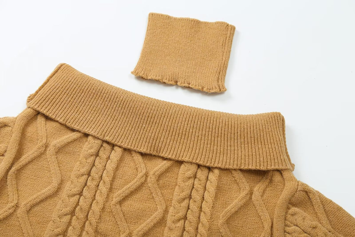Off Shoulder Beige Long Sleeve Pullover Women Autumn Loose Cable Knit Sweater Gentle Korean All Matching Top