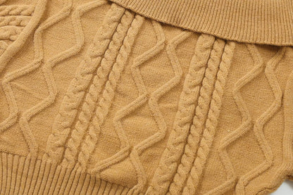 Pull femme beige à manches longues et épaules dénudées, tricot torsadé ample, style coréen, doux et polyvalent, idéal pour l'automne