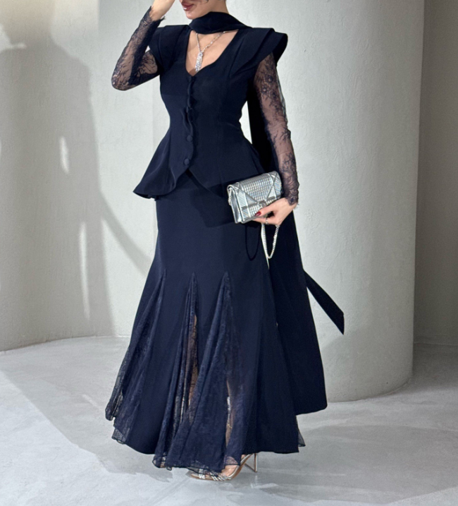 Lace Stitching Long Sleeved Skirt Elegant Slim Bottoming Skirt Two Piece Sets