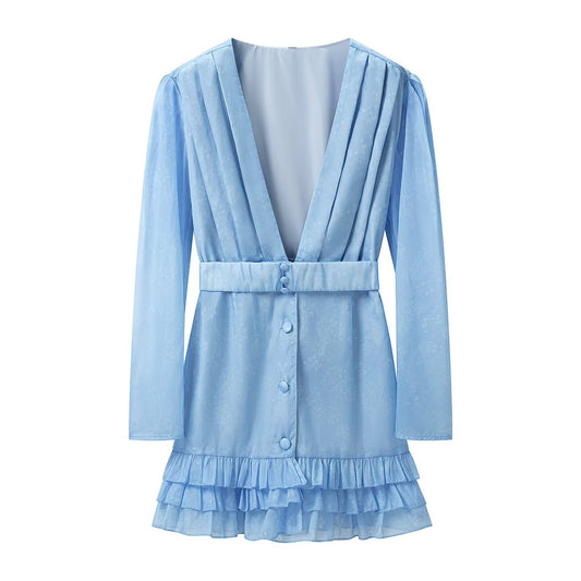 Waist Controlled Long Sleeves Ruffled Short Dress Early Autumn