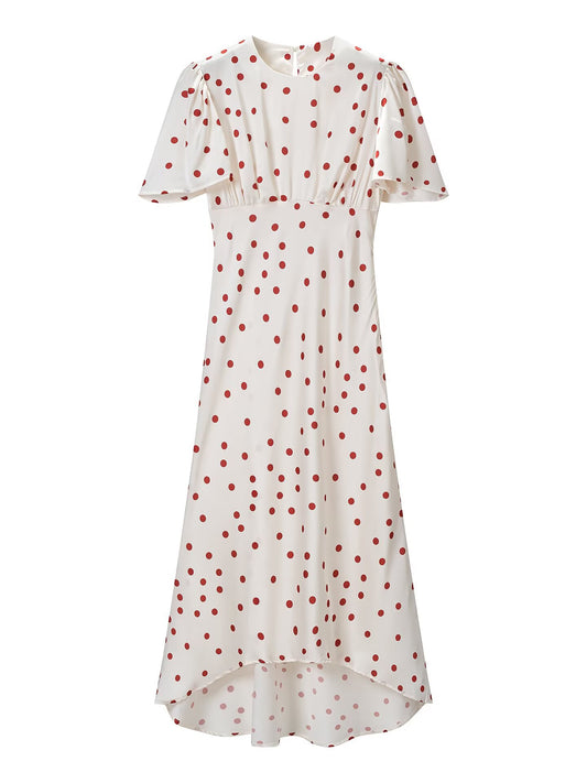 Women Clothing Summer Sweet Niche round Neck Polka Dot Print Stringy Selvedge Dress