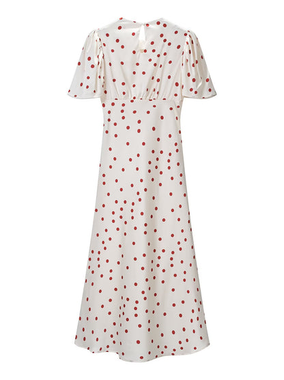 Women Clothing Summer Sweet Niche round Neck Polka Dot Print Stringy Selvedge Dress