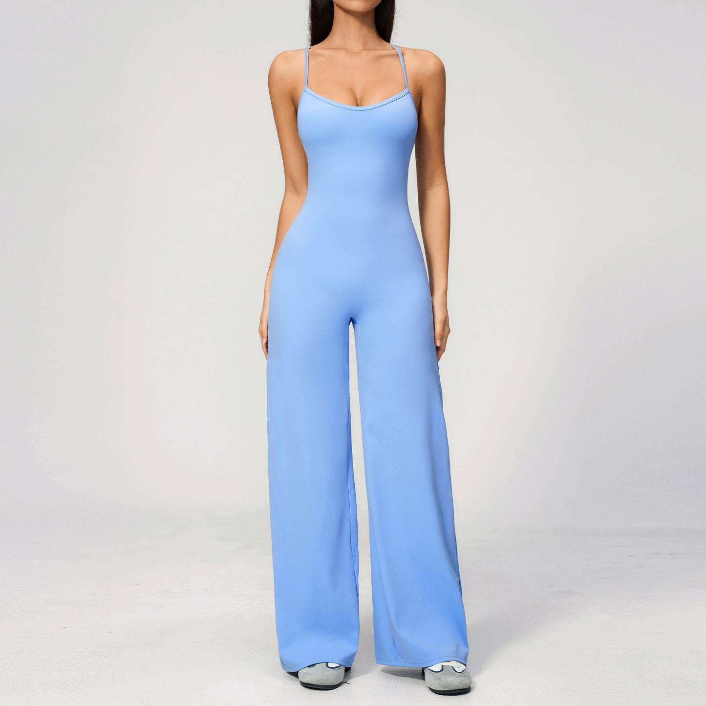 Brushed Yoga Bodysuit Cross Back Casual Stretch Slimming Wide Leg Pants Jumpsuit for Women