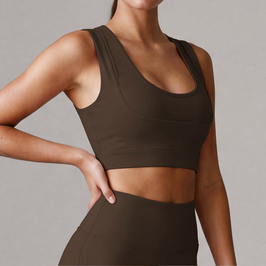 Sujetador deportivo sin espalda de doble capa, simula dos piezas, tipo top fitness, con almohadillas, antigolpes, espalda bonita.