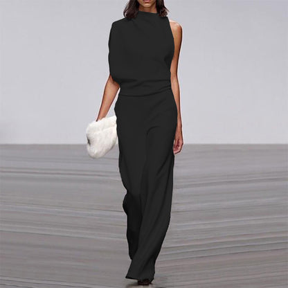 Women Pants Solid Color One Shoulder Pile Collar Jumpsuit Popular Dress Trousers - Wanita Store