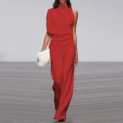 Women Pants Solid Color One Shoulder Pile Collar Jumpsuit Popular Dress Trousers - Wanita Store