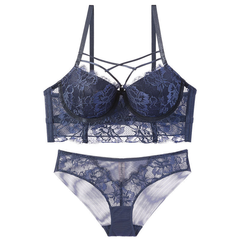 Popular Strap Design Push up Sexy Underwear Women Side Drawing Upper Support Lace Bra Bra Set