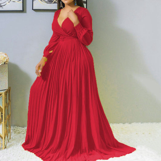 Women Deep V Plunge Cross Gathers Front Chest Lower Solid Color Pleated Puffy Dress No Belt