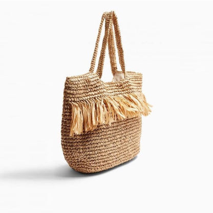 Straw Bag Woven Bag Tassle Straw Bag Seaside Vacation Beach Bag Shoulder Portable Large Capacity Women Bag - Wanita Store