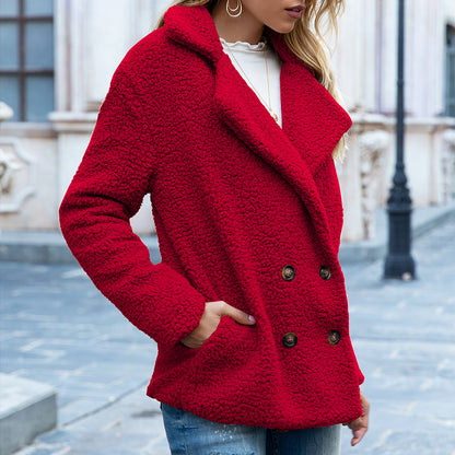Autumn Winter Button Collared Loose Fleece Shirt Cashmere Wool Coat Women Outerwear - Wanita Store