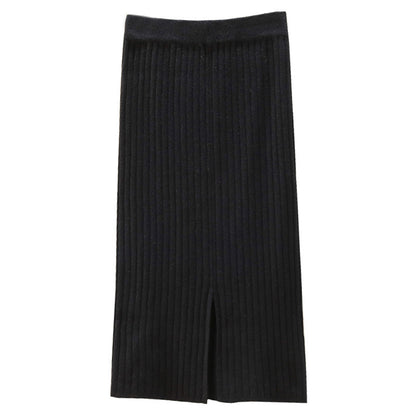 Knitted Skirt Women Autumn Winter with Sweater High Waist Mid Length Wool Thickened Split Hip Skirt Tide - Wanita Store