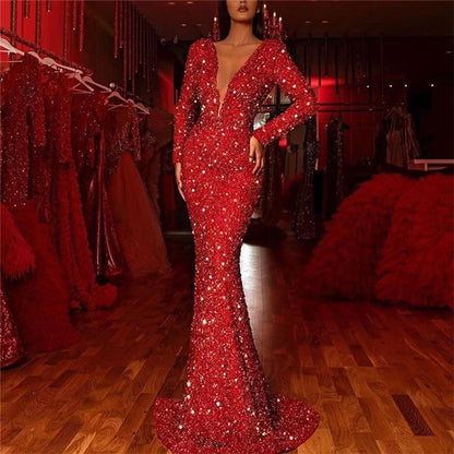 Spring Women Clothing Sheath Dress Fishtail Edge Red Paillette Long Sleeve V neck Dress - Wanita Store