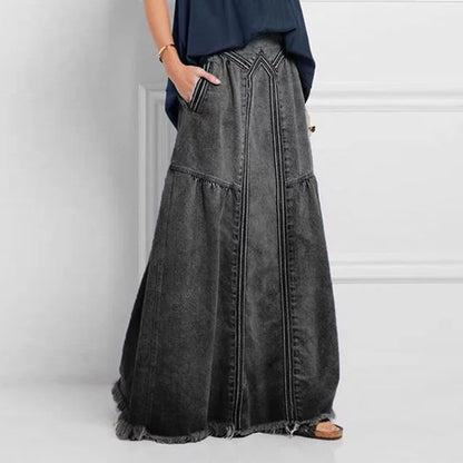 Women pring Summer Denim A Skirt Binding Tape Brushed Elastic High Waist Simple All Match Long Skirt - Wanita Store