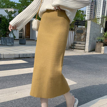 Knitted Skirt Women Autumn Winter with Sweater High Waist Mid Length Wool Thickened Split Hip Skirt Tide - Wanita Store