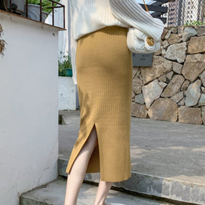 Knitted Skirt Women Autumn Winter with Sweater High Waist Mid Length Wool Thickened Split Hip Skirt Tide - Wanita Store