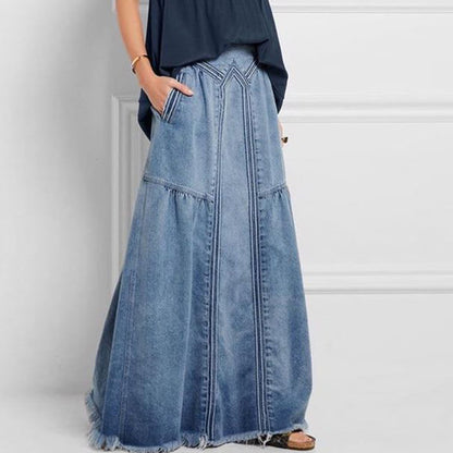 Women pring Summer Denim A Skirt Binding Tape Brushed Elastic High Waist Simple All Match Long Skirt - Wanita Store