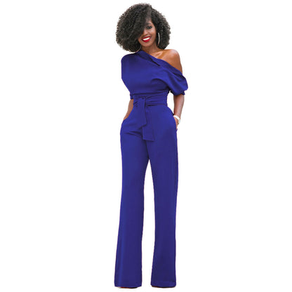 New Classic Solid Color Diagonal Collar Button One Piece Wide Leg Jumpsuit - Wanita Store