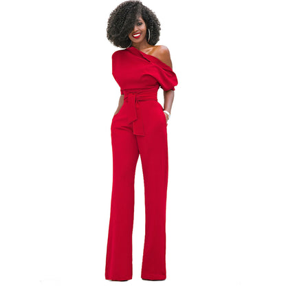 New Classic Solid Color Diagonal Collar Button One Piece Wide Leg Jumpsuit - Wanita Store