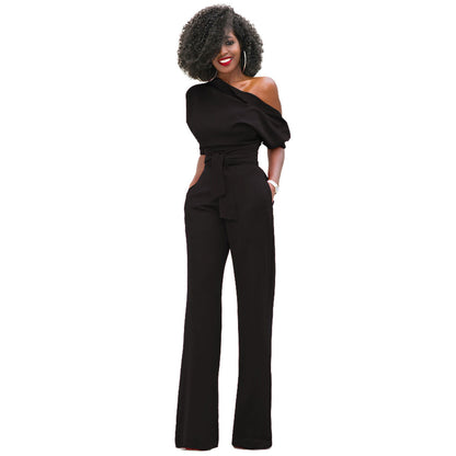New Classic Solid Color Diagonal Collar Button One Piece Wide Leg Jumpsuit - Wanita Store