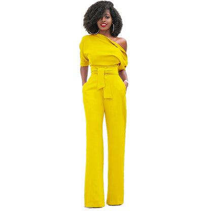 New Classic Solid Color Diagonal Collar Button One Piece Wide Leg Jumpsuit - Wanita Store