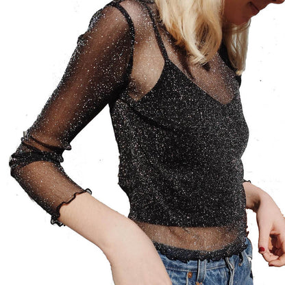 Sexy Sheer Mesh T shirt Women Long-Sleeved Bright Silk Bottoming Shirt Top - Wanita Store