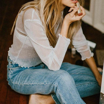 Sexy Sheer Mesh T shirt Women Long-Sleeved Bright Silk Bottoming Shirt Top - Wanita Store