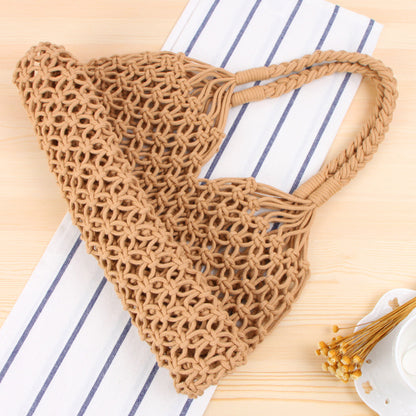 Solid Color One Shoulder Woven Bag Trendy Women Mori Straw Bag Degrees Handmade Cotton String Net Pocket Beach Bag - Wanita Store